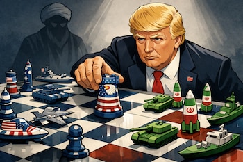 El presidente Donald Trump moviendo una pieza de ajedrez militar con la bandera estadounidense, simbolizando la tensión estratégica con Irán mientras una figura sombría observa al fondo. (Imagen Ilustrativa Infobae)