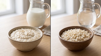 Dos cuencos con avena y dos jarras de vidrio, una con leche y otra con agua, dispuestos sobre una mesa de madera clara.