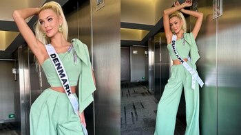 Victoria Kjaer mostrando el talento del diseñador José Zafra en su día 7 del Miss Universo. IG