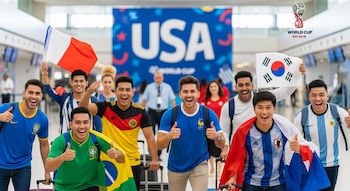 Grupo de sonrientes aficionados al fútbol de diversas nacionalidades con camisetas de sus equipos y banderas, llegando a un aeropuerto con un cartel de 'USA World Cup'.
