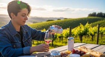 Una persona joven vierte vino de lata en una copa. En la mesa hay una baguette, uvas, queso y dos latas de vino. Al fondo, un paisaje de viñedos.