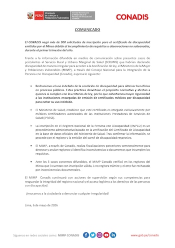 Comunicado impreso con encabezado 'COMUNICADO', logos de Perú, MIMP y CONADIS. Texto en español informa sobre rechazo de certificados