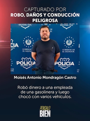 Moisés Antonio Mondragón Castro fue detenido por la PNC tras un robo en una gasolinera de la avenida Jerusalén, en San Salvador. (Foto cortesía PNC)