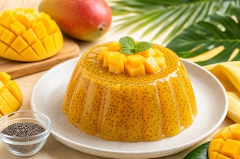 Una gelatina amarilla con semillas de chía y trozos de mango encima, acompañada por un recipiente con chía, fruta cortada y hojas.