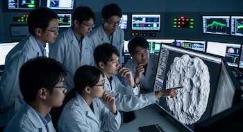 Seis científicos con batas blancas observan una pantalla principal que muestra un asteroide. El fondo tiene múltiples monitores con datos.