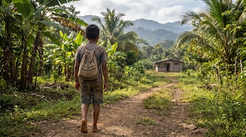 Un joven indígena brunca de unos 10 años camina descalzo de espaldas por un camino de tierra. Se ve vegetación tropical, montañas y una escuela modesta al fondo.