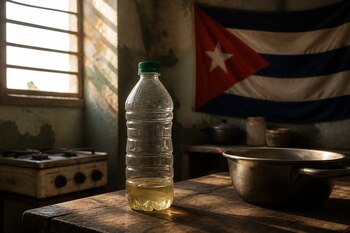 Una botella de plástico casi vacía con tapa verde y una olla de metal sobre una mesa, con la bandera de Cuba al fondo.