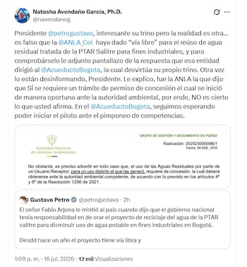 La gerente de la Empresa de Acueducto y Alcantarillado de Bogotá, Natasha Avendaño, respondió al presidente con un oficio oficial de la Anla - crédito @navendanog/X