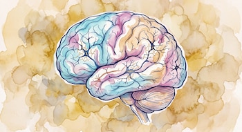 Dibujo en acuarela de un cerebro humano visto de perfil en tonos azul, magenta y ocre sobre un fondo manchado