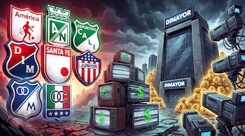 Ocho escudos de clubes de fútbol colombiano, edificio DIMAYOR, sacos de dinero, televisores con símbolos de dólar y cámaras de televisión.