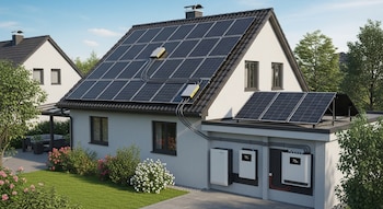 Casa con tejado oscuro, paneles solares en el tejado y en extensión, dos cajas de conexiones, dos unidades de batería blancas en la pared, césped, arbustos y árboles.