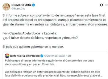 Iris Marín, defensora del pueblo, propone a los candidatos un debate de ideas y respeto, apelando a la responsabilidad histórica de quienes aspiran a gobernar el país - crédito @MarnIris/ X