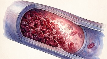 Ilustración en corte transversal de una arteria con glóbulos rojos, plaquetas y filamentos entrelazados que obstruyen el canal interno.