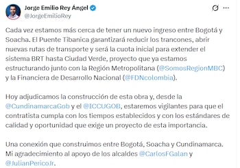 El gobernador Jorge Emilio Rey anunció la adjudicación del Puente Tibanica, que conectará Ciudad Verde con Bosa - crédito Jorge Emilio Rey/X