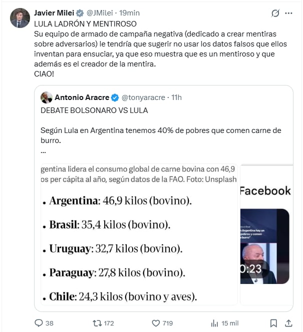 El presidente argentino respondió en X a las declaraciones de su par brasileño