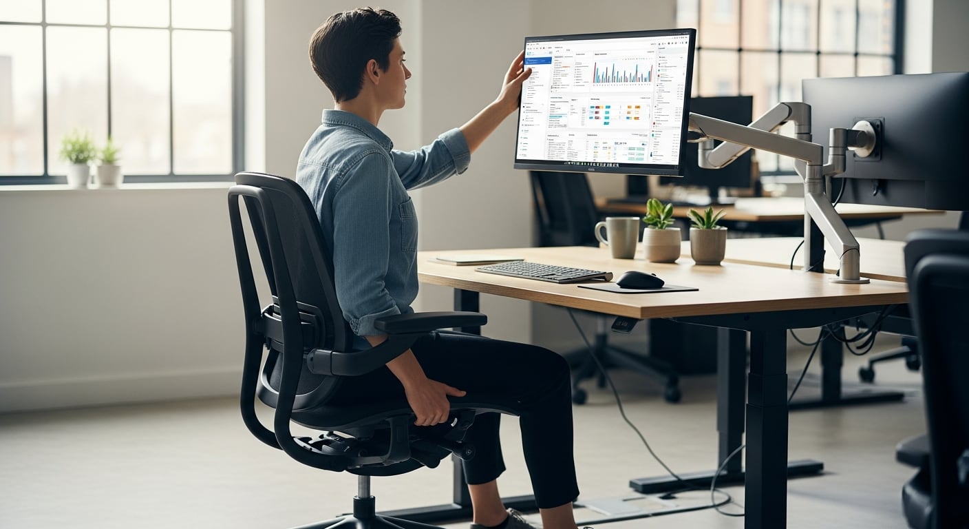 La fotografía muestra una estación de trabajo adaptada con una silla ergonómica, apoyapiés y monitor ajustado a la altura de los ojos - (Imagen Ilustrativa Infobae)