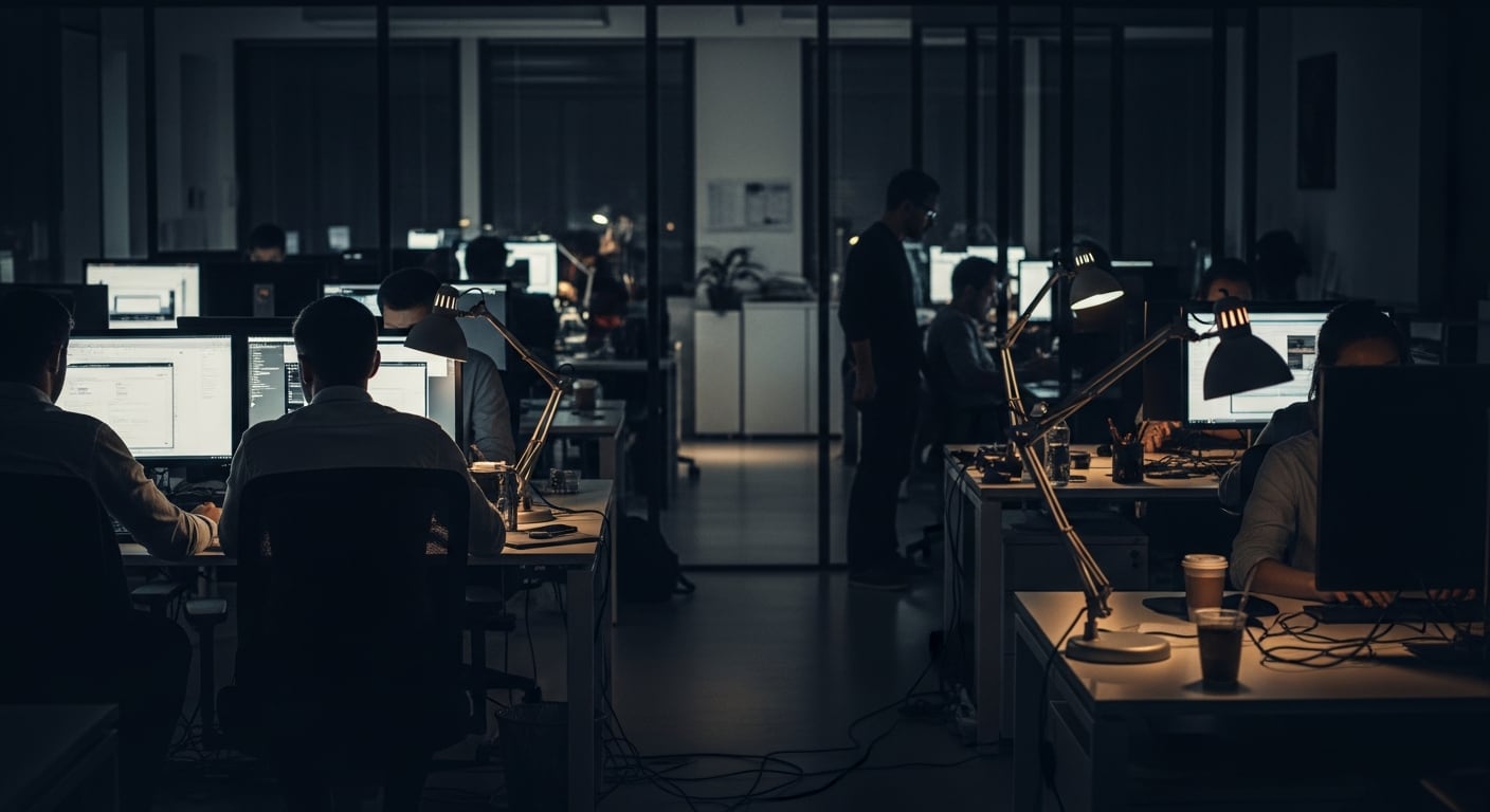 Varios empleados laboran frente a computadores en una oficina con iluminación tenue y ambiente nocturno. (Imagen Ilustrativa Infobae)