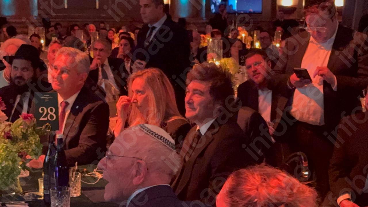 Javier Milei, Karina Milei y Pablo Quirno durante una cena organizada por la comunidad judía en New York, (Estados Unidos)
