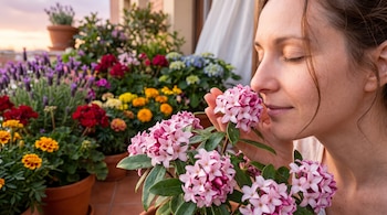 Una mujer con los ojos cerrados acerca la nariz a unas flores rosadas en un balcón con macetas de plantas en el fondo.