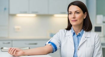Mujer con bata de laboratorio blanca y camisa azul, brazo izquierdo con torniquete azul sobre mesa blanca, en consultorio iluminado.