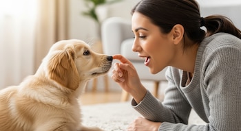 Una mujer sonriente con suéter gris toca la nariz de un cachorro Golden Retriever que está acostado en el suelo, en un interior luminoso.