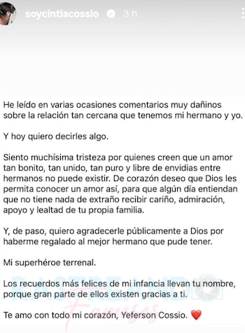 Cintia respondió a los comentarios negativos con un mensaje donde lamentó que se cuestione el cariño genuino entre hermanos - crédito @
rastreandofamososalterna @soycintiacossio / Instagram