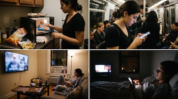 Cuatro fotografías de una joven calentando comida, usando el teléfono en el metro, mirando televisión y usando el teléfono en la cama.