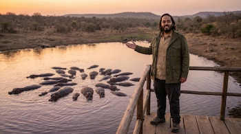 Anant Ambani de pie en un observatorio de madera, gesticulando hacia más de 20 hipopótamos en una laguna al atardecer en Vantara, India.