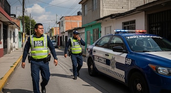 Dos policías de la SSC CDMX con chalecos reflectantes caminan por una calle residencial junto a una patrulla azul y blanca con luces encendidas.