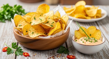Un tazón de madera con papitas crujientes sazonadas, un pequeño cuenco con dip cremoso y chives, y chiles rojos frescos sobre una mesa de madera clara.