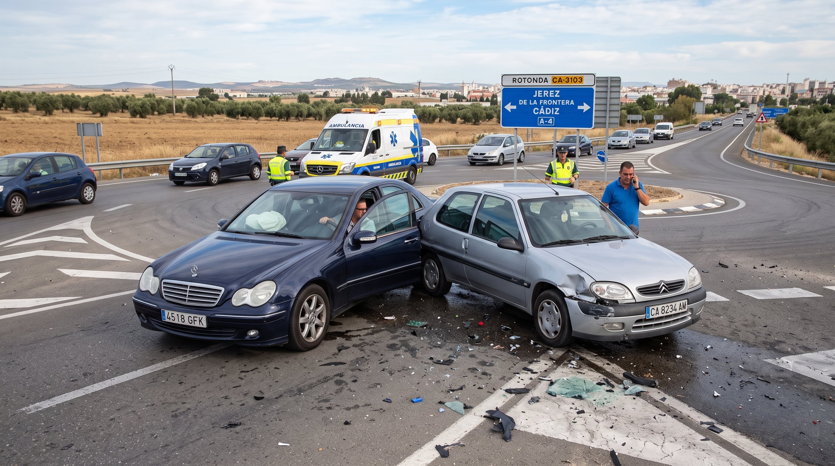 Imagen generada con IA de un Mercedes Benz y un Citroën Saxo que permanecen accidentados en una rotonda. (Imagen Ilustrativa Infobae)