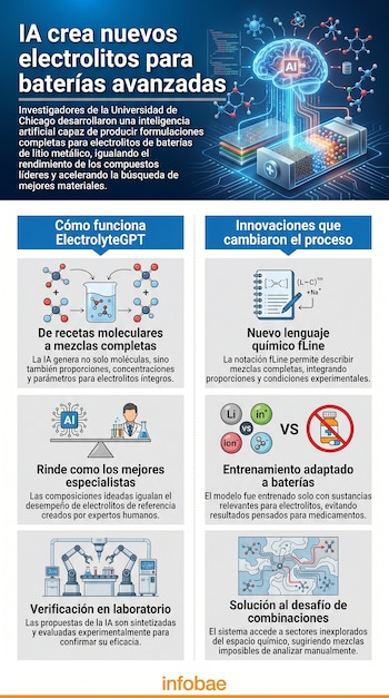 Ilustración de un cerebro con la etiqueta "AI" conectado a una batería, rodeado de moléculas químicas y circuitos, explicando el desarrollo de electrolitos por IA.