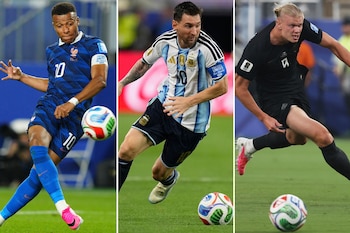 Esta combinación de fotos muestra al francés Kylian Mbappé, al argentino Lionel Messi y al noruego Erling Haaland durante sus respectivos encuentros del Mundial, el lunes 22 de junio de 2026 (AP Foto/Derik Hamilton, left, Ashley Landis, y Pamela Smith)