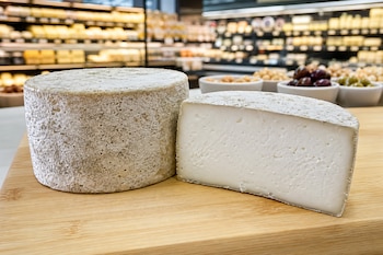 Una rueda entera de queso y una mitad cortada sobre una tabla de madera clara, con cuencos de aceitunas al fondo.