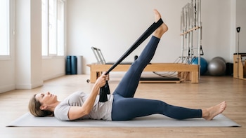Una mujer acostada en el suelo sujeta una banda elástica alrededor de su pie levantado dentro de una sala con aparatos de pilates
