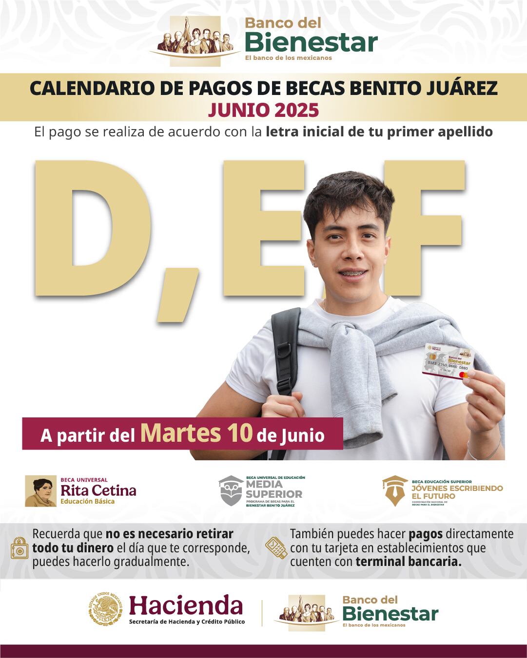 Estudiantes beneficiarios recibirán el depósito de la Beca Benito Juárez correspondiente al bimestre mayo-junio 2025.