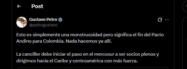 El mandatario calificó la medida como desproporcionada y lanzó una dura crítica que dejó ver el nivel del desacuerdo - crédito @petrogustavo/X