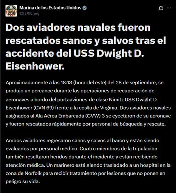 Publicación en español de la Marina de los Estados Unidos en la red social X sobre un incidente a bordo de un portaaviones