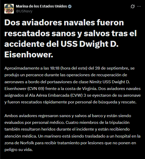 La institución difundió el parte oficial a través de su cuenta en X pocas horas después del incidente, sin responder las consultas de los medios sobre las causas (@USNavy)
