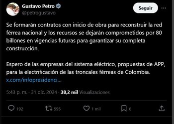 Gustavo Petro aseguró millonaria inversión para la adecuación de la línea ferroviaria - crédito @PetroGustavo/X