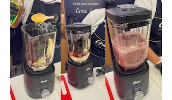 Tres tomas consecutivas de una licuadora con fruta, miel y yogur que pasa de los ingredientes enteros a una mezcla triturada