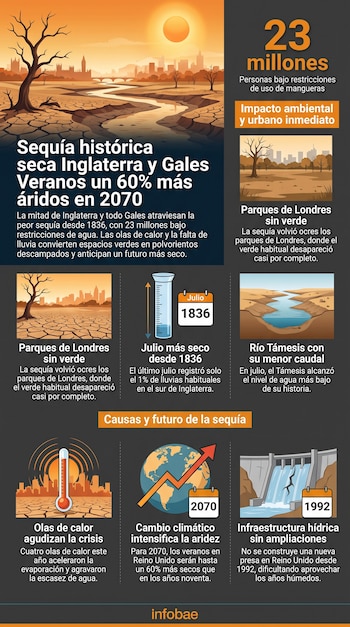 Infografía detalla la sequía en Inglaterra y Gales con paisaje árido, río con poco caudal, árbol seco, skyline de Londres y gráficos sobre afectados, clima y causas.