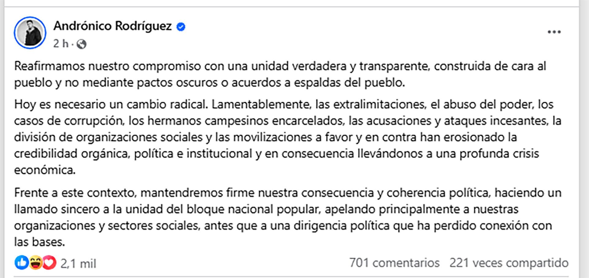 El mensaje de Andrónico Rodríguez
