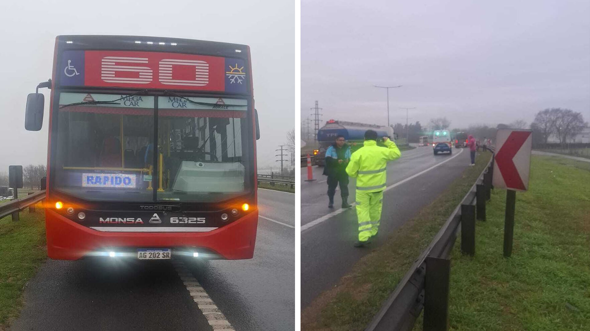 El interno de la Línea 60 y el lugar del accidente, sobre Autopista Panamericana