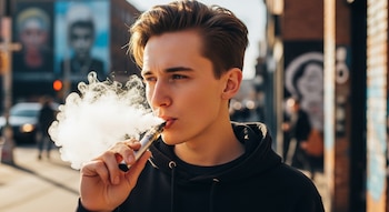 Un joven adulto con cabello castaño exhala una densa nube de vapor de un cigarrillo electrónico plateado en una calle urbana con edificios al fondo.