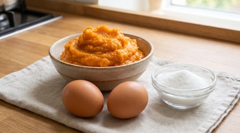 Un cuenco con puré de calabaza naranja, dos huevos marrones y un pequeño cuenco de vidrio con azúcar sobre un paño.