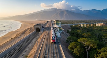 Tren moderno rojo y blanco en una estación con vías férreas, túneles, un puente, playa, mar, montañas y densa vegetación.