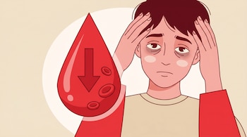 Ilustración de una persona joven con expresión de cansancio y ojeras, tocándose la cabeza. A la izquierda, una gota de sangre roja con una flecha descendente y pocos glóbulos rojos.