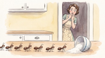 Ilustración de una mujer observando una fila de hormigas en la encimera de una cocina, junto a un cuenco volcado con azúcar derramada.