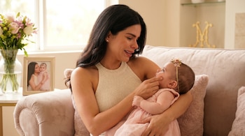 Ely Yutronic sonríe mientras acuna a su hija Luna, vestida de rosa, en un sofá. La madre toca la mejilla del bebé, una lágrima se asoma en su ojo.